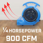 Blotek 1/4 HP Commercial Air Mover Floor Dryer | 900 CFM High Velocity Carpet Dryer Fan | 3-Speed Industrial Blower with 4 Drying Positions & 10 ft Power Cord