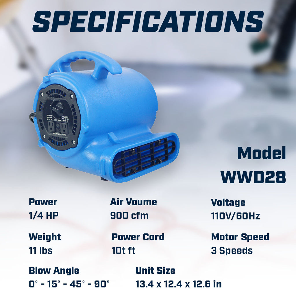 Blotek 1/4 HP Commercial Air Mover Floor Dryer | 900 CFM High Velocity Carpet Dryer Fan | 3-Speed Industrial Blower with 4 Drying Positions & 10 ft Power Cord