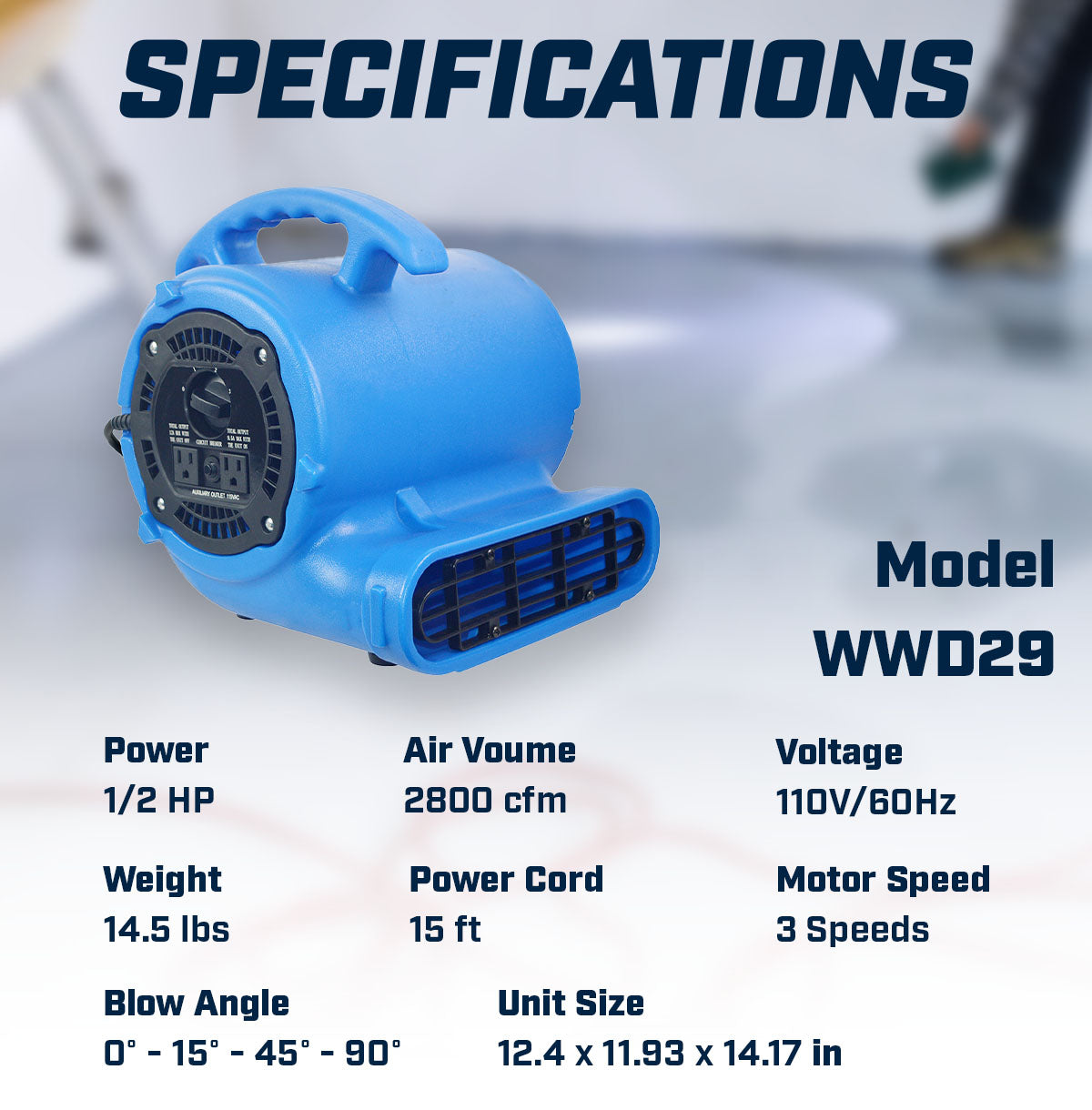 Blotek 1/2 HP Commercial Air Mover Floor Dryer | 2800 CFM Industrial Carpet Dryer Fan | 3-Speed High Velocity Blower with 4 Drying Positions & 15 ft Cord