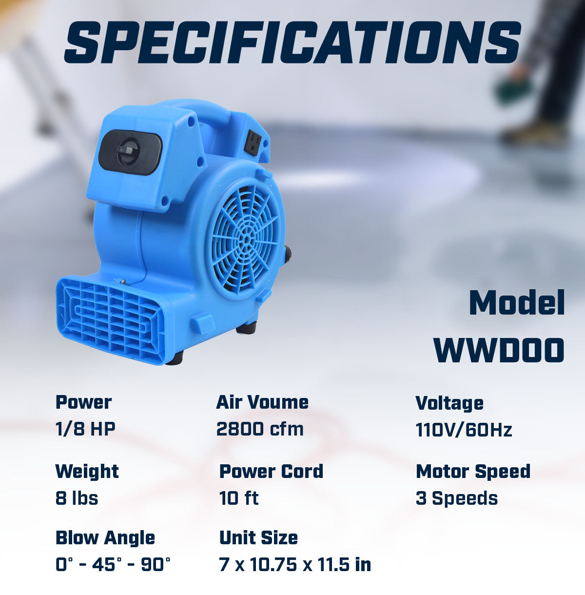 Blotek 1/8 HP Mini Air Mover Floor Dryer | 600 CFM Compact Carpet Dryer Fan | 3-Speed Portable Utility Blower with 4 Airflow Positions
