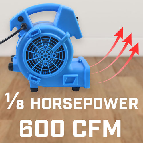 Blotek 1/8 HP Mini Air Mover Floor Dryer | 600 CFM Compact Carpet Dryer Fan | 3-Speed Portable Utility Blower with 4 Airflow Positions