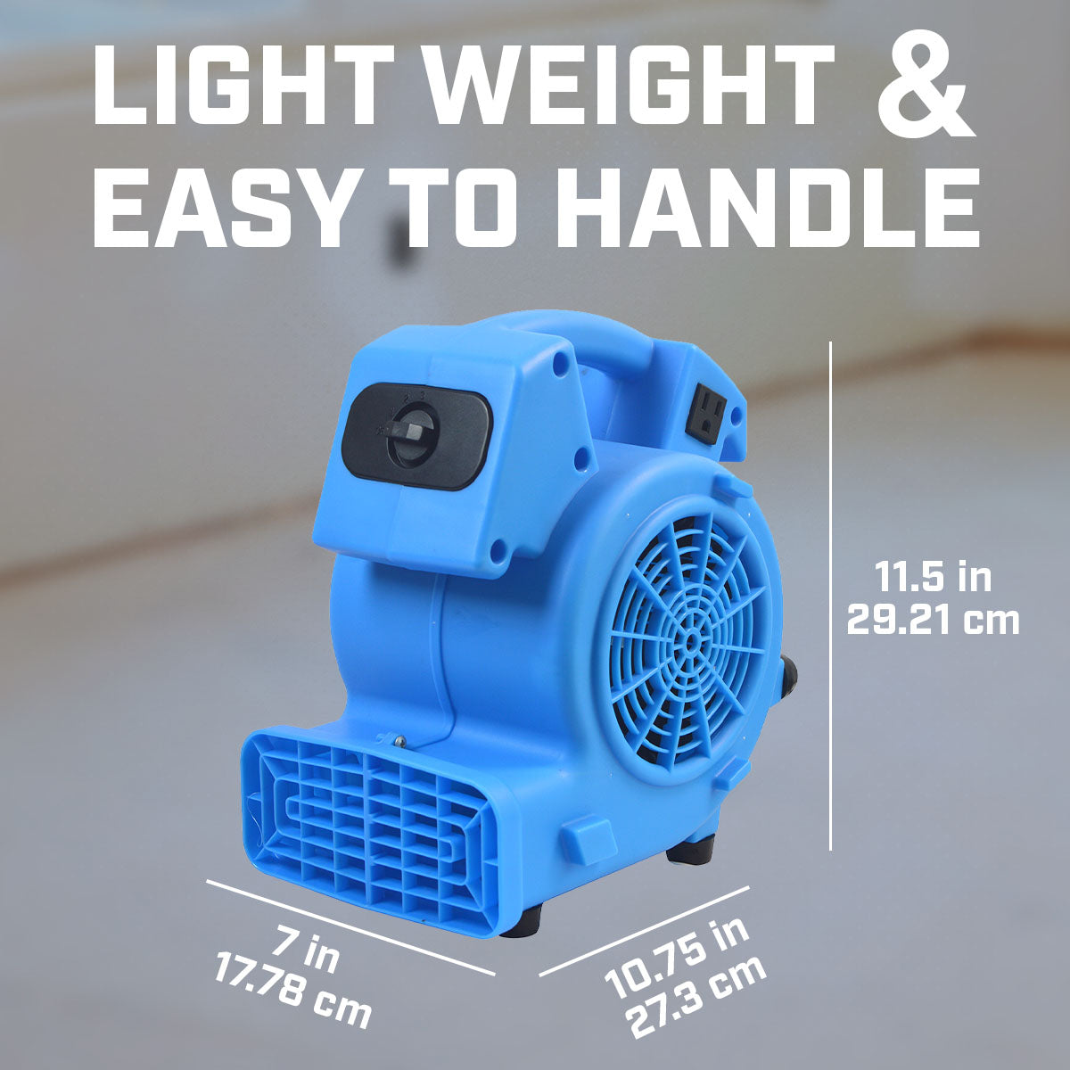 Blotek 1/8 HP Mini Air Mover Floor Dryer | 600 CFM Compact Carpet Dryer Fan | 3-Speed Portable Utility Blower with 4 Airflow Positions